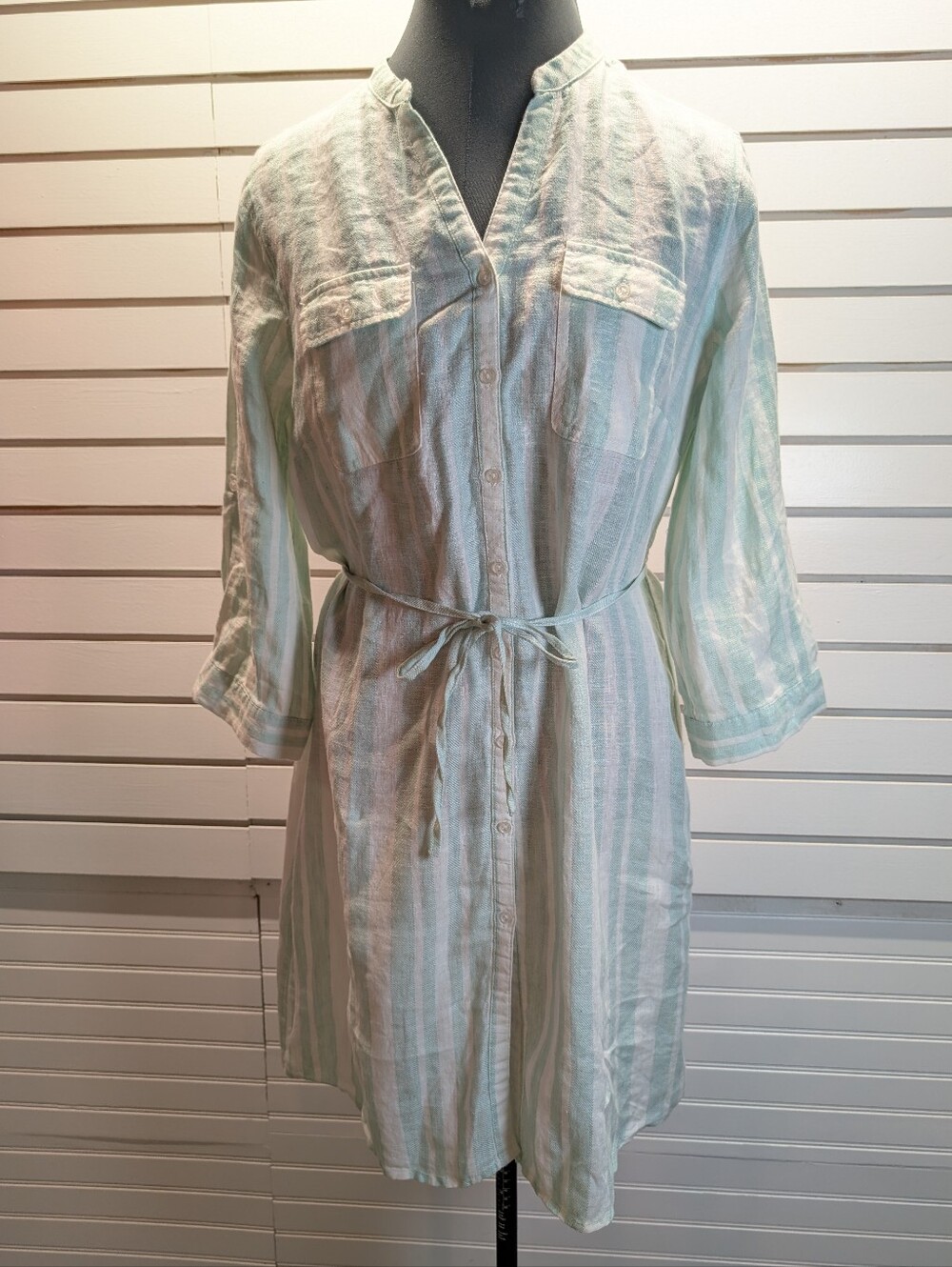 Malvin | Hamburg Germany 100% Linen Green/White Stripe Shirt Dress Size 10 NWT - Picture 2 of 9